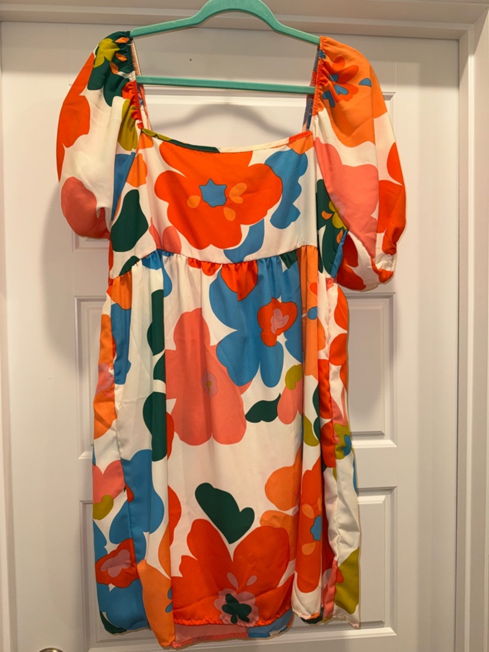 BiBi Cream Dress with Bold Orange, Blue & Green Floral Print